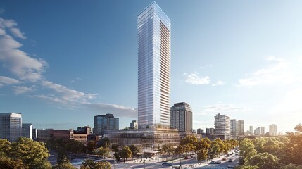 Fototapeta premium Sleek skyscraper-style office building, bold vertical lines and glass facade, bright daylight highlighting its towering presence 