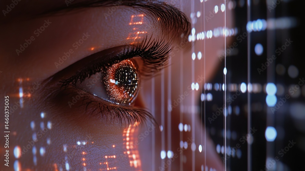 Poster closeup of a womans eye with digital data overlay abstract futuristic technology concept image ai