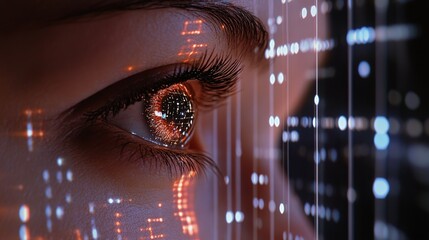 Closeup of a womans eye with digital data overlay abstract futuristic technology concept image ai