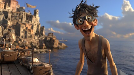 3d Render of a Happy Male Tourist With a Tank Top and Goggles Standing a Dock Overlooking the Sea Smiling At the View With the Wind In His Hair and an Original Background