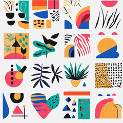 Memphis colorful style seamless pattern. Creative minimalist style art background for children or trendy design with basic shapes. Simple childish scribble backdrop white background