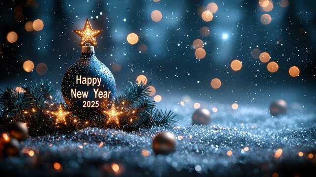A vibrant blue canvas, adorned with shimmering golden lettering, "Happy New Year 2025", creating a sense of anticipation and celebration as we bid adieu to the past and embrace the bright promise 