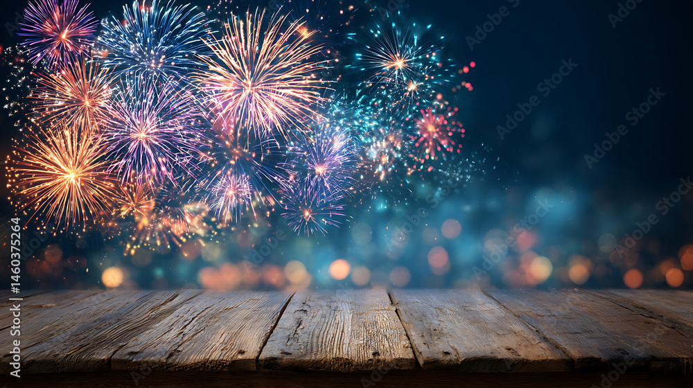 Poster colorful fireworks display over empty wood table with copy space