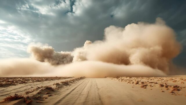 Huge dust cloud surges across barren desert terrain under stormy skies with sand swirling violently along the path. Concept of natural disaster and extreme weather phenomenon