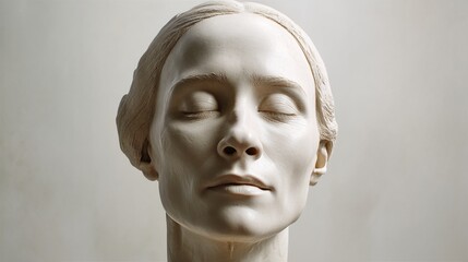 Close-up of a serene off-white sculpted face, eyes closed, conveying peace and tranquility, ideal for spa, meditation, or art concepts
