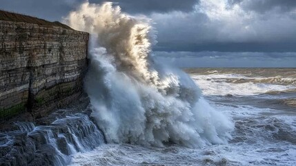 Powerful ocean waves crashing against a dramatic cliff face.