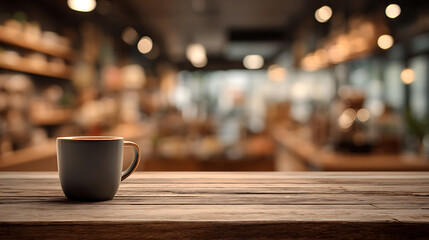 Fototapeta premium Coffee delight, product showcase, empty wooden table with blurred coffeeshop background
