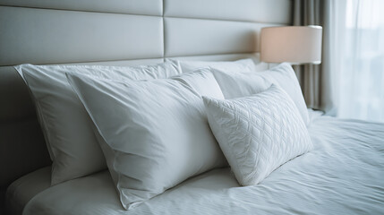 Obraz premium Close, up of pillows on bed in hotel room home decor and interior design, bed with white bedding in luxury bedroom, bed linen laundry service and furniture details
