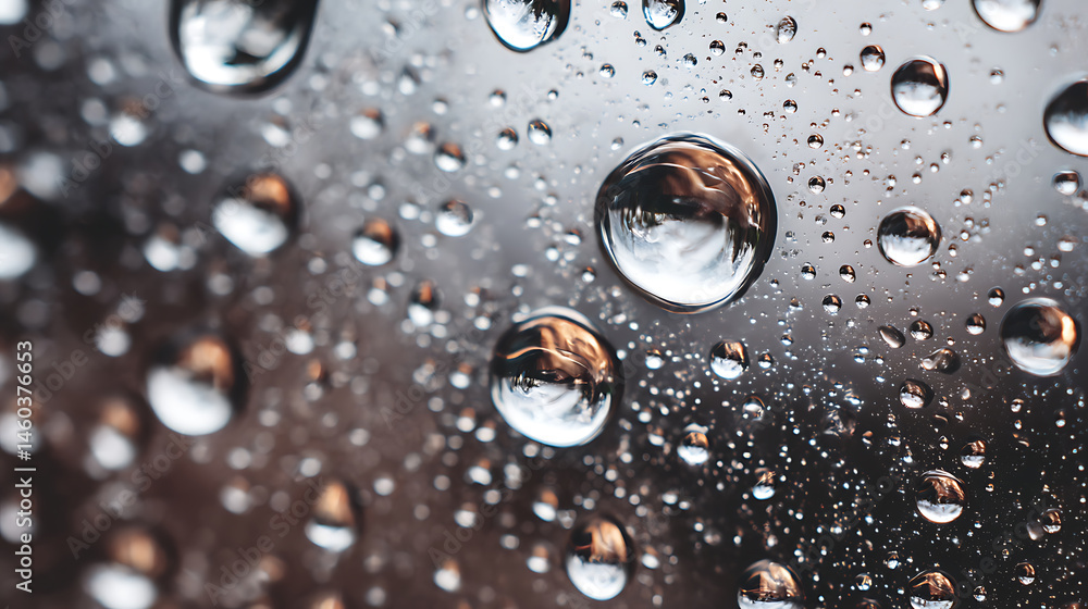 Poster close up of crystal clear raindrops on glass surface, nature patterns on windowpane, refreshing rain