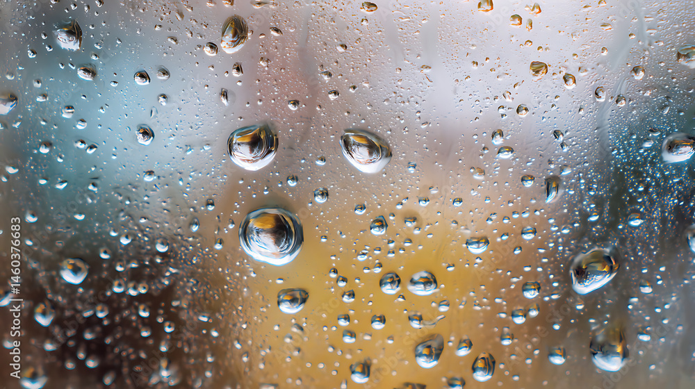 Poster close up of crystal clear raindrops on glass surface, nature patterns on windowpane, refreshing rain