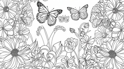 Enchanted garden blooms with flowers and butterflies in basic line art ready for kid-friendly coloring with well-defined spaces.