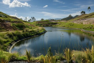 Rehabilitated tin mine now a serene lake ecosystem, terraced slopes support pioneer vegetation and reveal past watermarks.