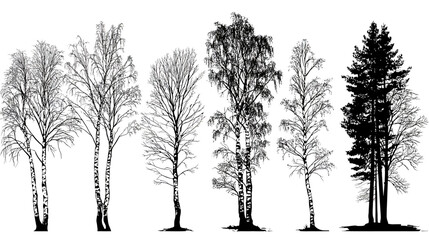 Birch trees collection simple black silhouette vector isolated on white background  -  