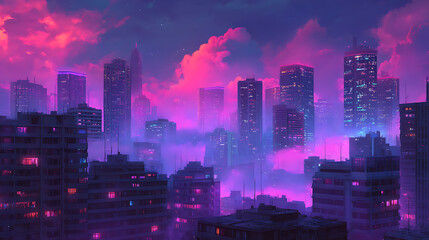Obraz premium Cityscape, synthwave, retrowave city colorful background, 4k wallpaper with pink and purple colors, neons, landscape, digital painting