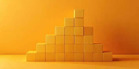 Golden Cubes Ascending in a Stair-Step Pattern Against a Vibrant Yellow Background