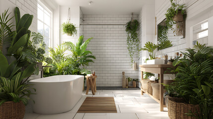 Fototapeta premium Bright and white bathroom with a variety of green plants of deep forest style