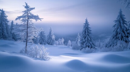 Winter wonderland landscape of frosted trees.