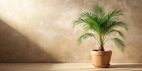 Sunlit Interior Scene Featuring a Lush Potted Palm Plant Against a Textured Wall