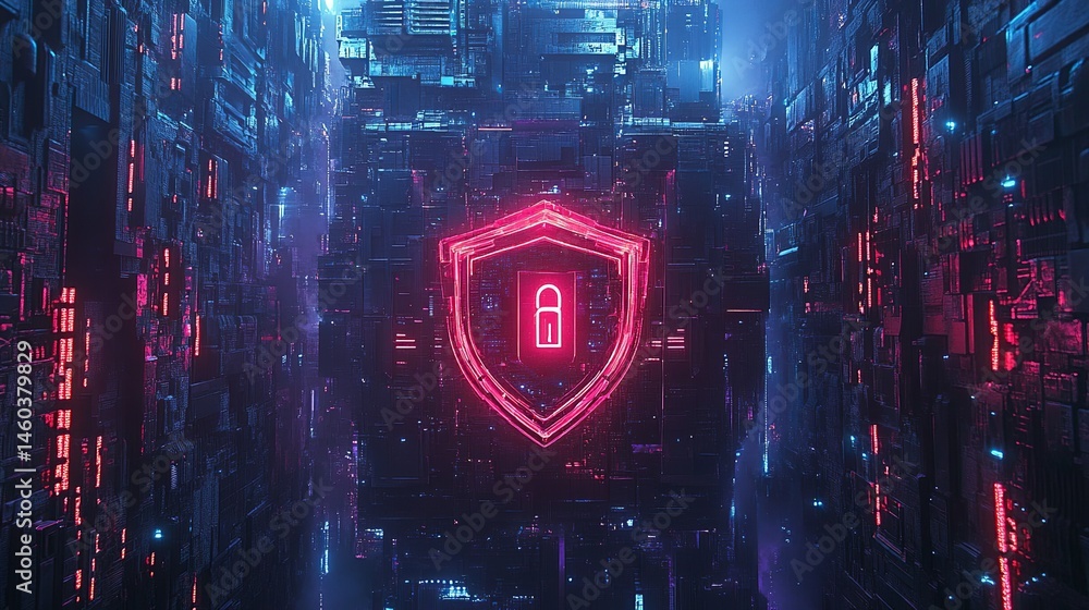 Aufkleber cybersecurity digital shield neon glowing abstract futuristic technology background red data lock