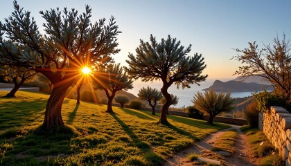 a serene depiction of a traditional mallorcan olive grove, with gnarled trees and stone walls under a golden sunset