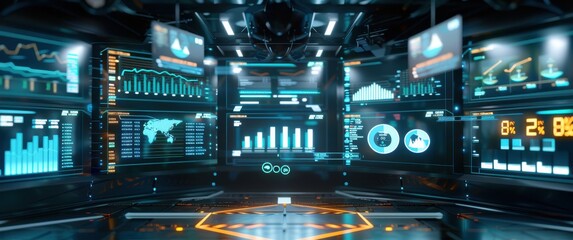 Obraz premium Futuristic command center monitors budget via hovering screens displaying financial metrics.