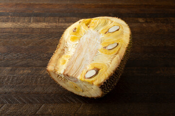 A view of a quartered jackfruit.