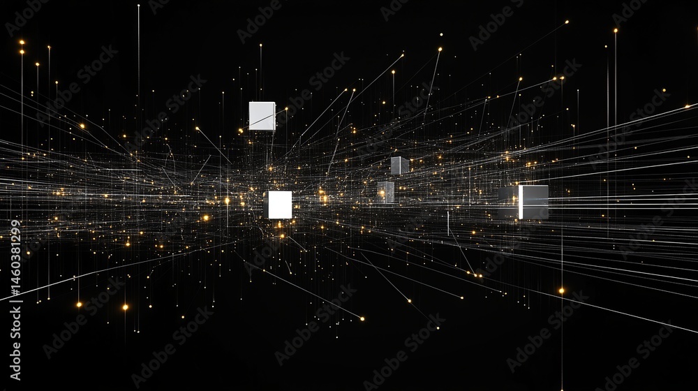 Aufkleber abstract digital network visualization with glowing lines and cubes 3d art data dark gold light whit