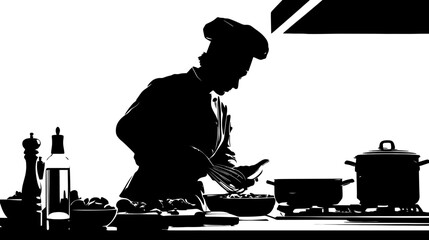 Chef cooking in kitchen silhouette vector isolated on white background  -  