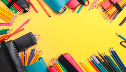 Collage of many pencil cases with different school stationery on color background, top view, vibrant. with white shades