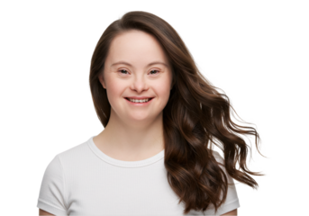 Portrait of Smiling Young Woman with Down Syndrome and Long Brown Hair