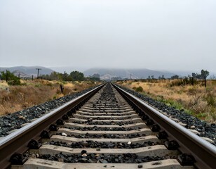 Obraz premium Railroad tracks stretching towards distant, fog-covered mountains. A scenic, atmospheric image of a railway line in a rural landscape.