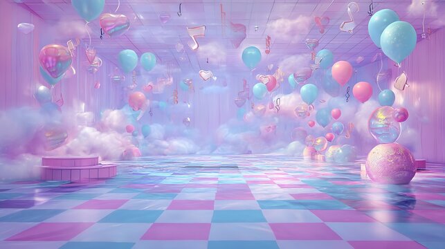 Pastel-toned interior space filled with floating decorations.