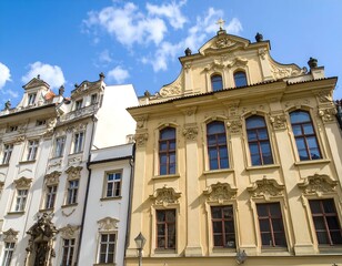 Fototapeta premium Two historic buildings in Prague, Czech Republic, showcasing intricate Baroque architecture, under a sunny sky.