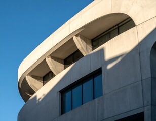 Fototapeta premium Modern concrete building detail against a clear blue sky. Architectural photography showcasing design, texture, and light.