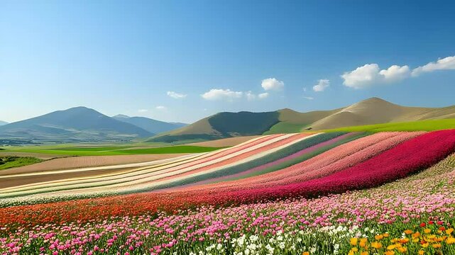 Colorful spring tulip fields over rolling hills