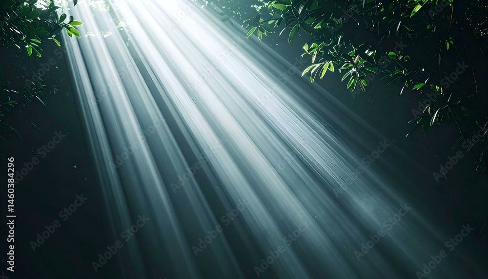 Poster sunbeams filtering through lush green foliage, creating a dramatic light and shadow effect. perfect 