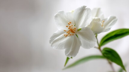 Obraz premium Close-up of delicate white jasmine blossom with visible stamens, showcasing purity and elegance, ideal for spa, wedding, or perfume branding