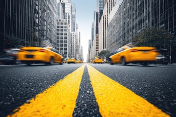 Urban street scene with yellow cabs