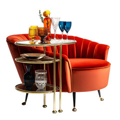 A Stylish Modern Bar Cart with Gold Accents Topped w Red Chair Glass Table Cocktail Isolated on Transparent Background