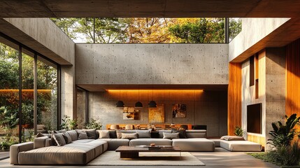 Spacious, modern living area with concrete walls and natural light.