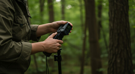 Person Adjusting Camera in Forest Setting