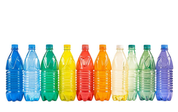 Colorful display of recyclable plastic bottles forming a rainbow gradient isolated on white background PNG