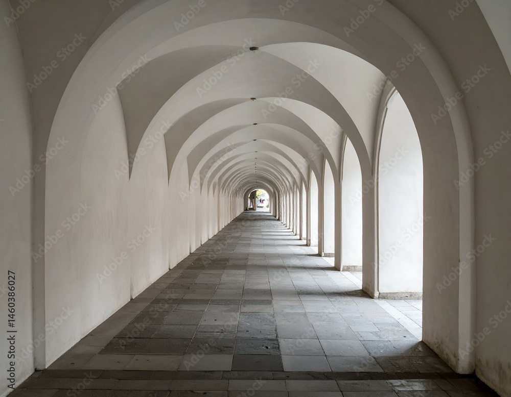 Poster serene perspective down a long arched walkway, bathed in soft light. elegant architecture and stone 