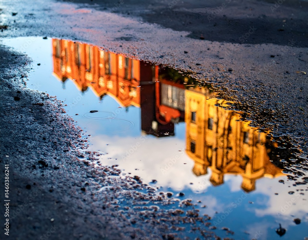 Poster upsidedown building reflection in a puddle on asphalt.