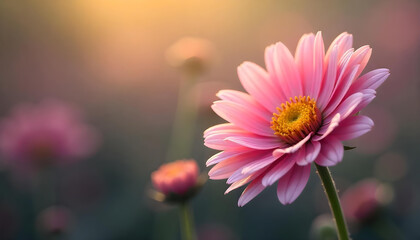 Obraz premium Close-up of a pink daisy or aster-like flower with a yellow center.