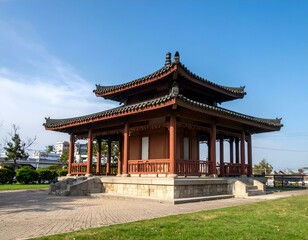 Obraz premium Traditional Chinese Pavilion under a clear blue sky. Serene architectural marvel in a park setting.