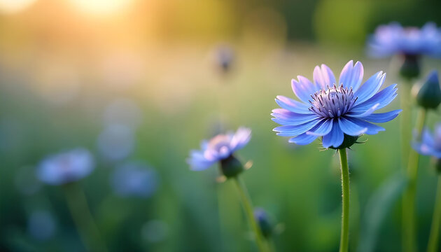 Close-up of a blue flower in a field with soft light and bokeh effect.