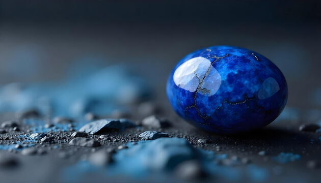 Polished lapis lazuli stone, vibrant blue color, resting on dark textured surface with blue crumbs.