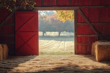 Barn entrance with open red doors revealing peaceful rural landscape with lake