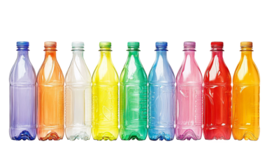 Recyclable plastic bottles creatively arranged in a rainbow color sequence isolated on white background PNG